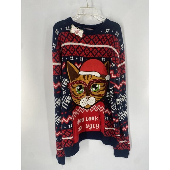Ugly Christmas Sweater  XL Cat Reaching For Holiday tree  Bulbs Sweater Unisex - Picture 1 of 5